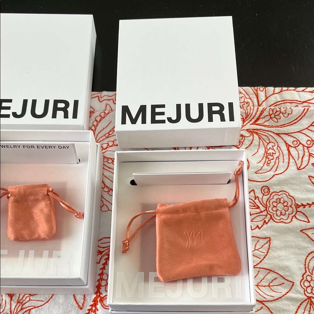 Mejuri Gift Boxes - 2 Boxes, 2 Pink Pouches, One Large Blue Bag, One Organza Bag